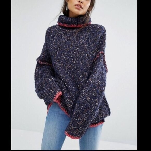 Free People Echo Blue Flecked Knit Oversized Turtleneck Pullover Sweater $168 NW - Picture 1 of 6